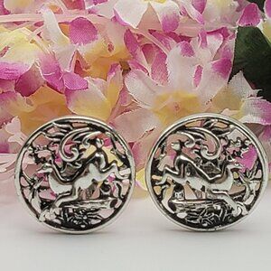 Vtg. Sarah Coventry STAG DEER BUCK Earrings Silver Tone Circle Stud Clio On 30mm